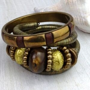 Brassy Boho Wood & Gold Tone-Bead Smooth Puka-Style Spiral Bangle Bracelet Combo